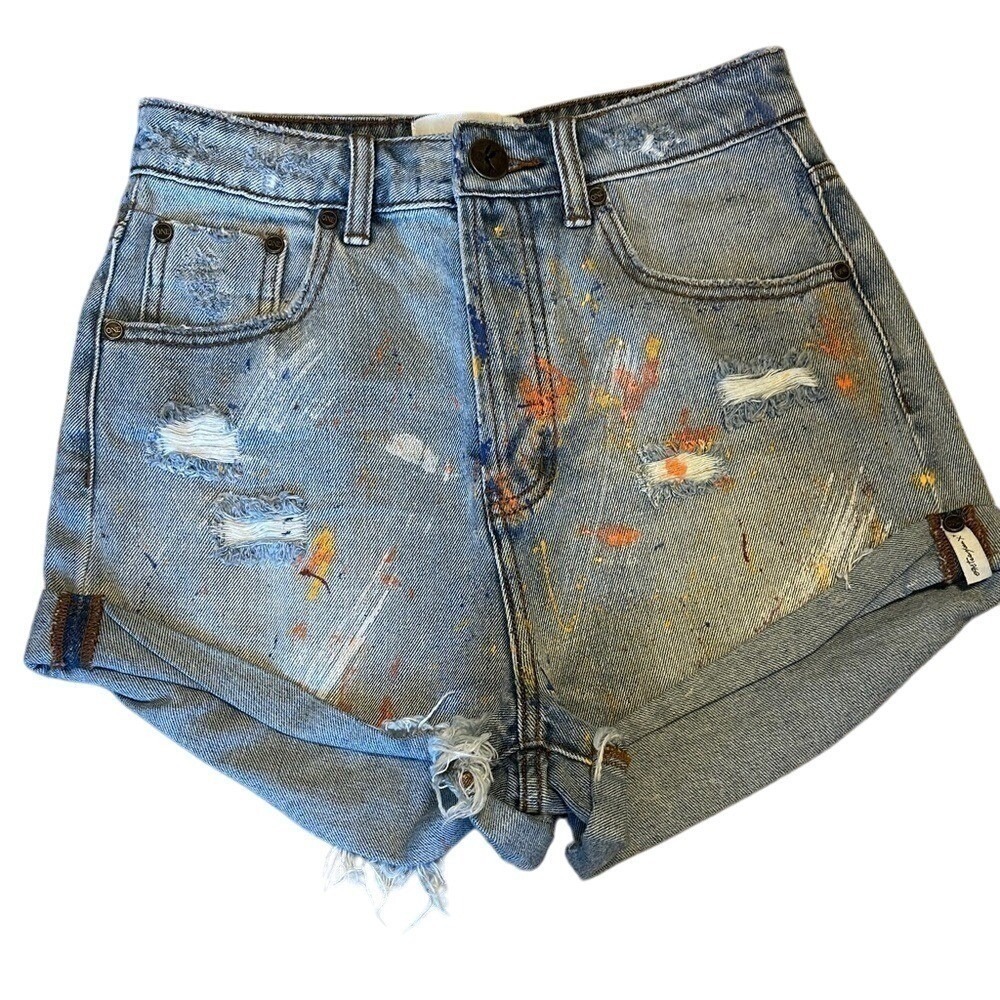 One Teaspoon High Waist Bandits Denim Shorts Paint Splatter Distressed Blue 26 - Picture 3 of 9